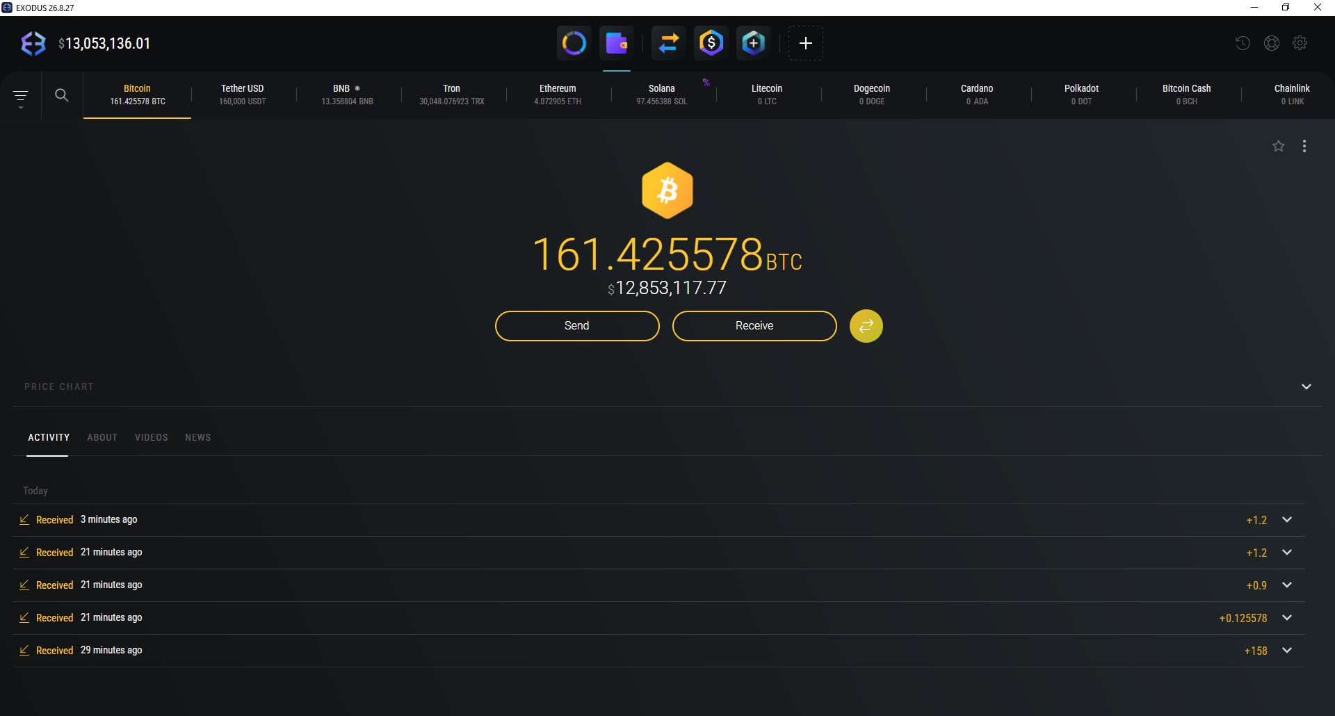 Exodus Larp Wallet Desktop Simulation Interface displaying Bitcoin, Ethereum, Solana, and Tether balances